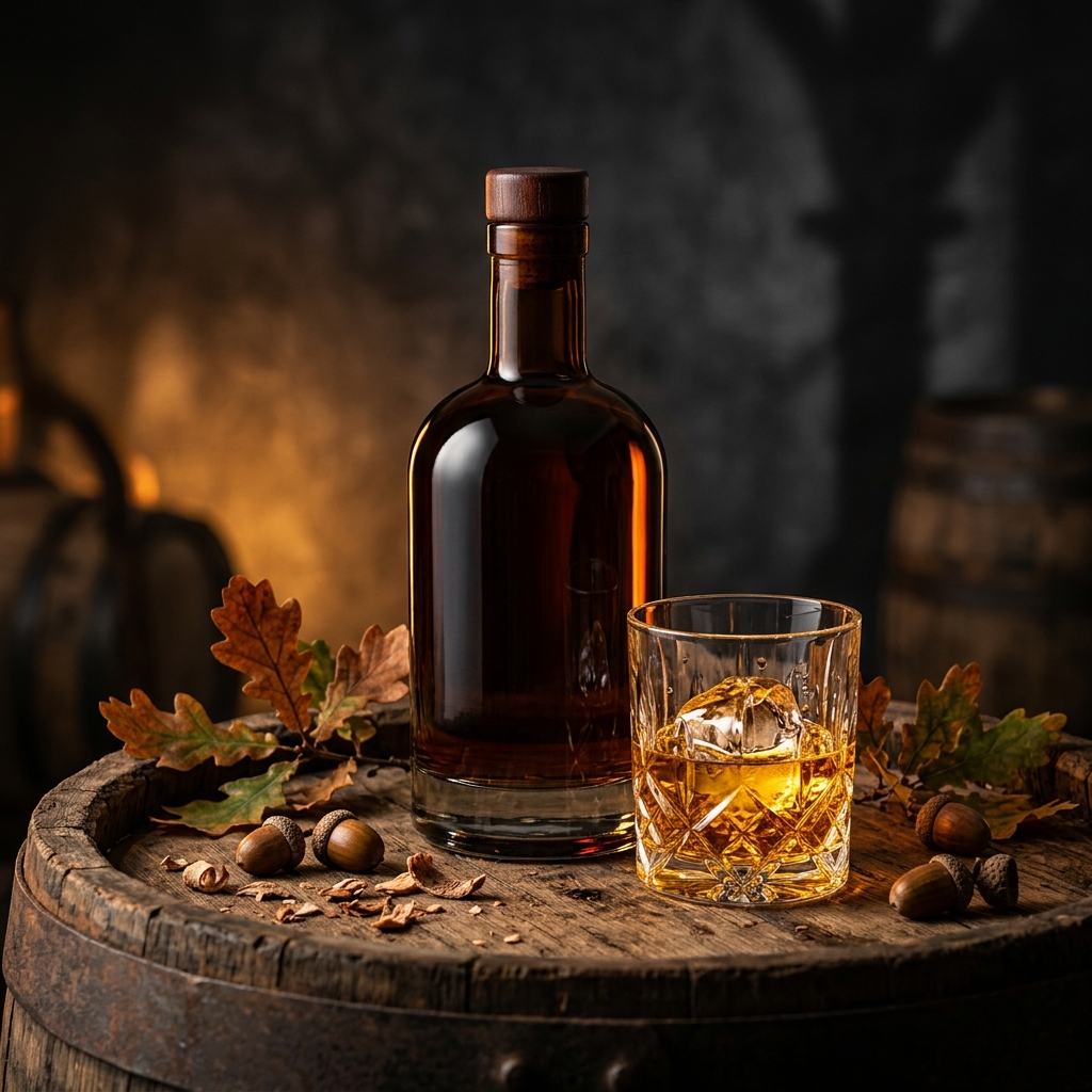 Premium whiskey bottle and glass on oak barrel with warm amber lighting